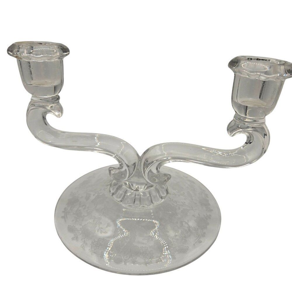 Vintage Clear Etched Glass Dual Candle Holder Floral Design